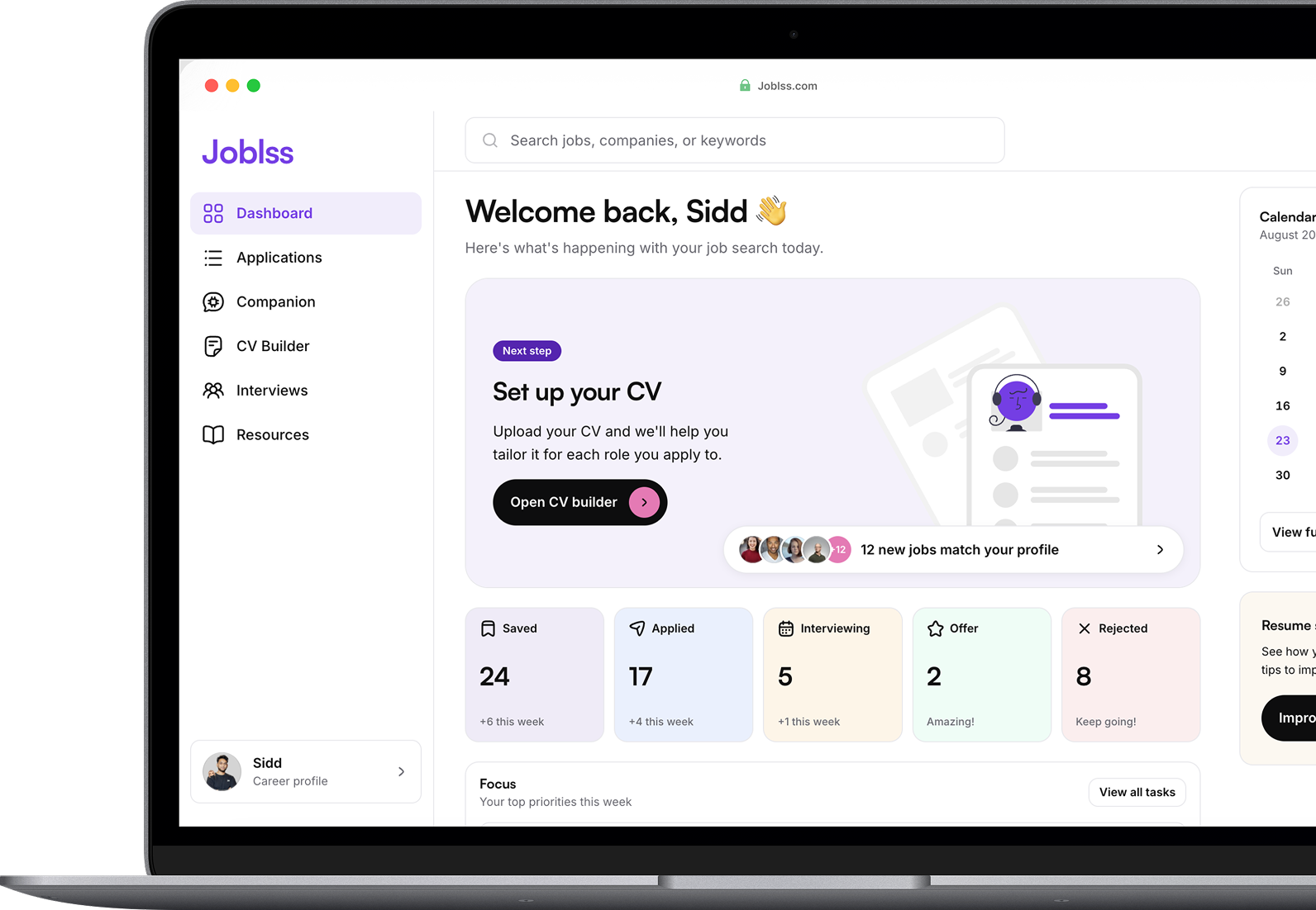 Joblss dashboard with CV setup, application stages, and calendar